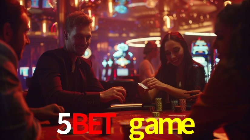Una escena digital vívida inspirada en casino con 5bet game mostrado prominentemente, luces brillantes, fichas, cartas y acentos dorados.