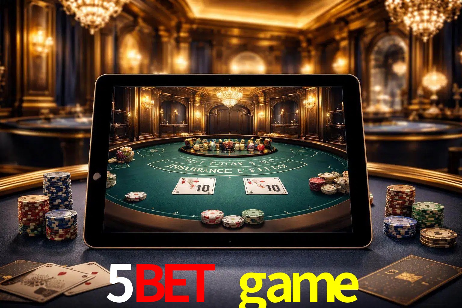 Configuración moderna de casino en vivo con una tableta mostrando una mesa de blackjack, luces cálidas de estudio y una atmósfera elegante de juegos digitales.