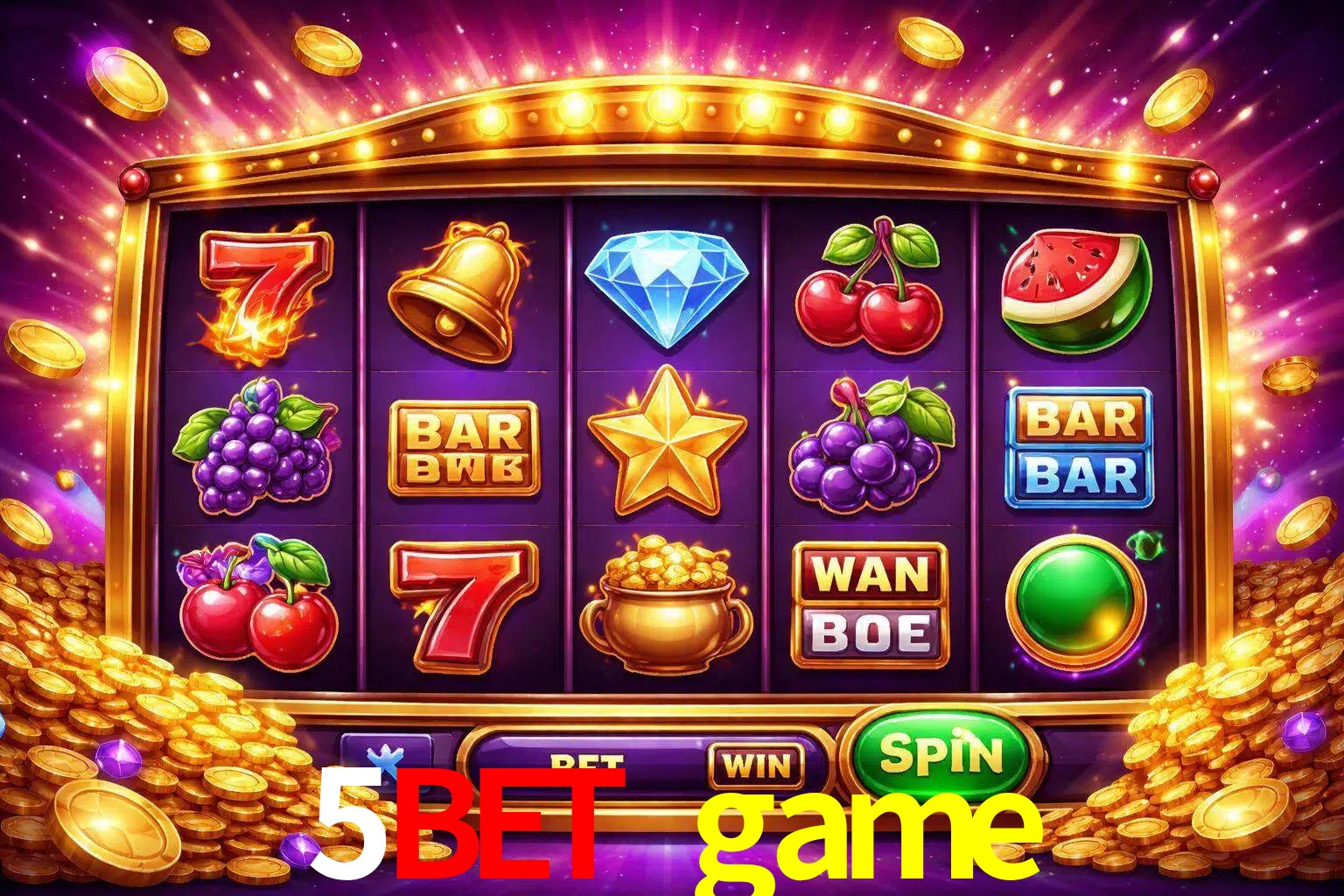 Una interfaz colorida de tragamonedas en línea con símbolos brillantes, monedas y un efecto de victoria celebratoria en 5bet game.
