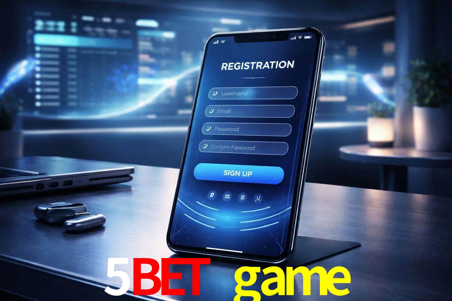 Una interfaz moderna de registro móvil para 5bet game mostrada en un smartphone con un panel de apuestas elegante.